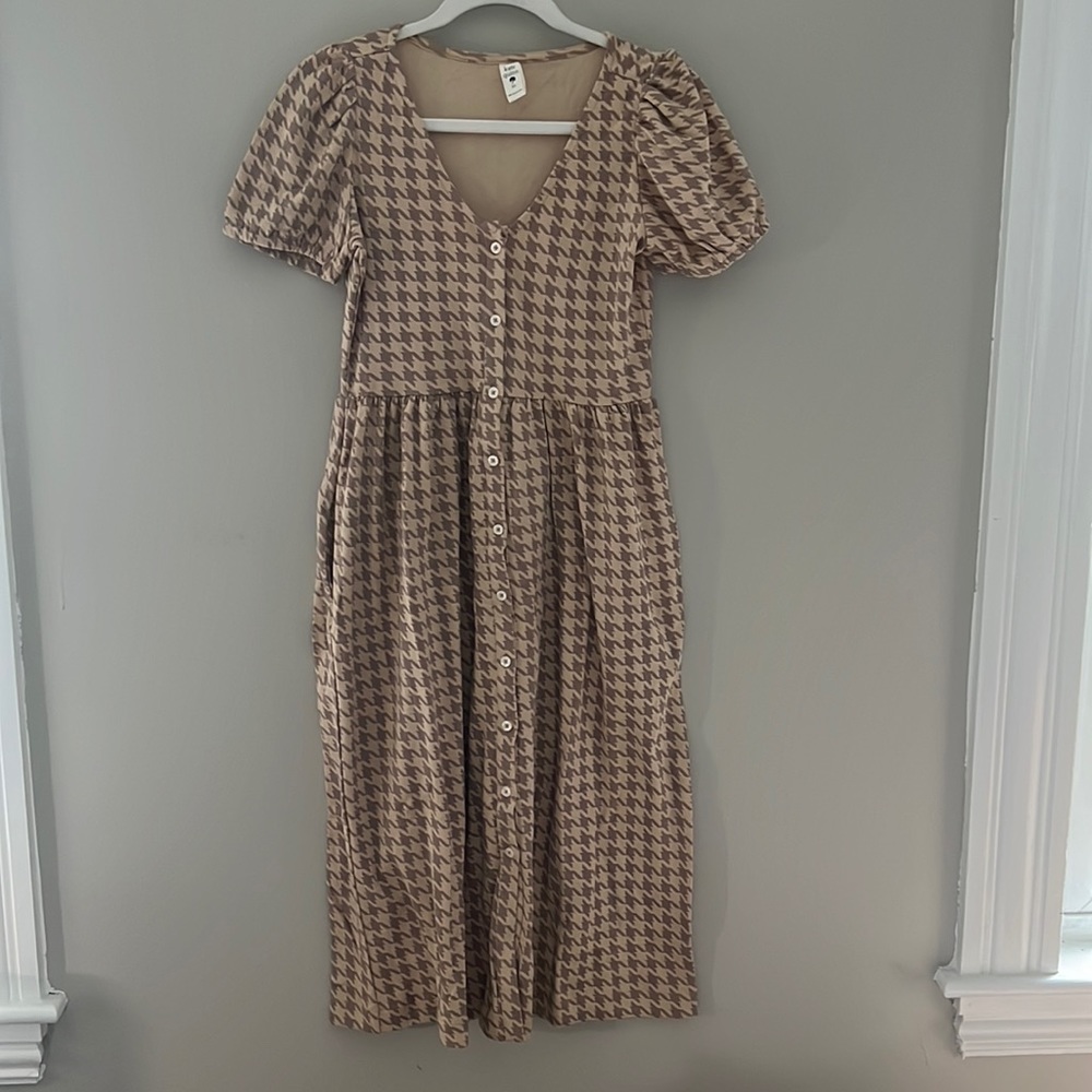 Kate Quinn Cotton V-Neck Button Front Puff Sleeve Pocket Dress Houndstooth XS